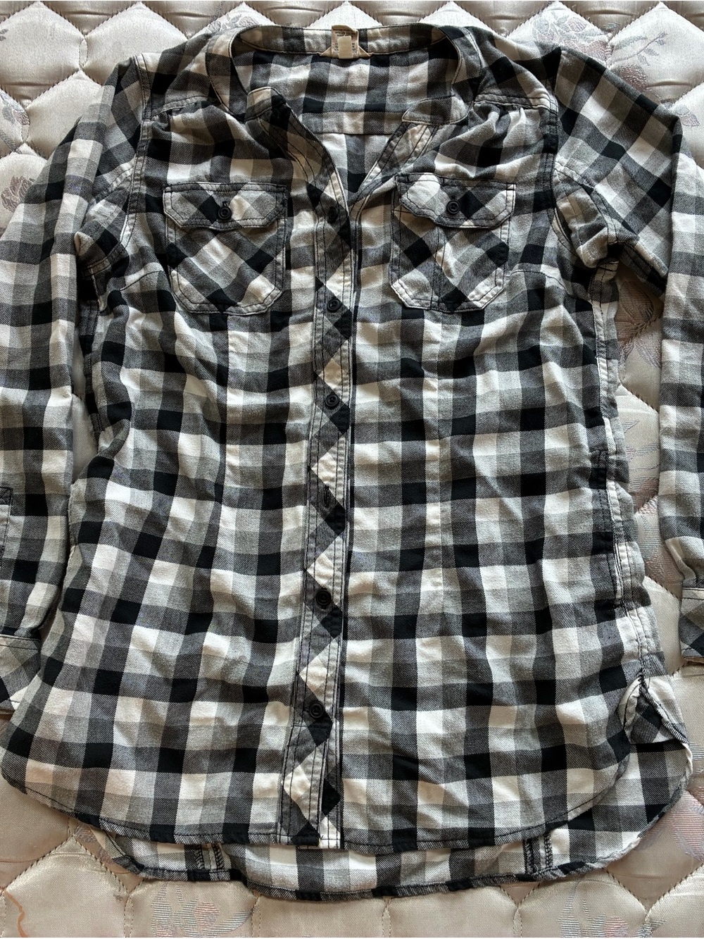 Duluth Trading Co Black & White Plaid Button-Up Shirt, Tunic